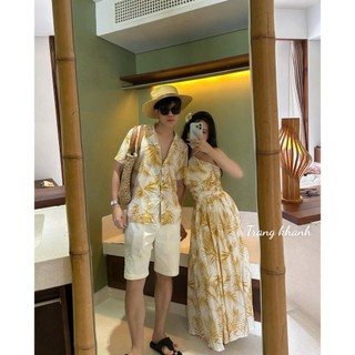 Set đồ đôi váy nữ mix áo sơ mi nam màu vàng siêu đẹp dành cho chị em mặc đi chơi du lịch biển sướng - Baotrang.clothes