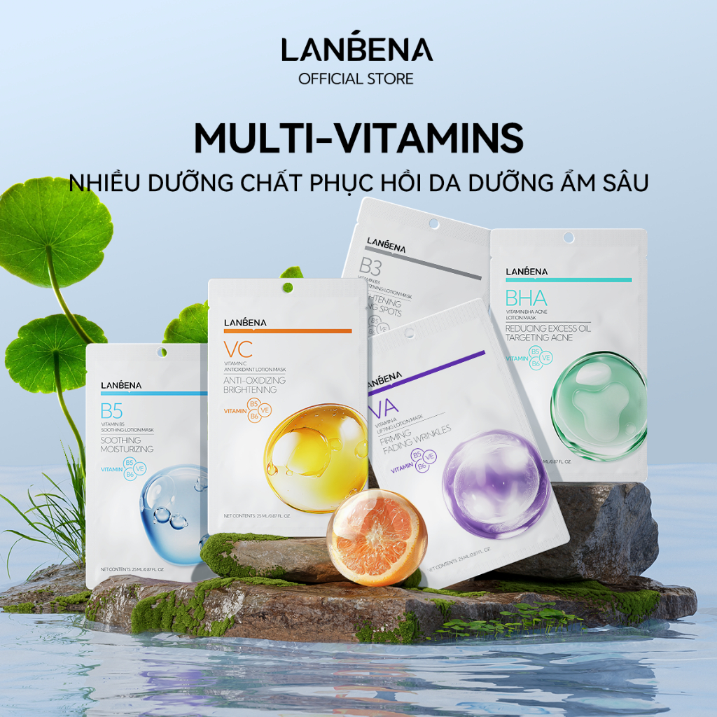 LANBENA5 PCS Mặt nạ  BHA,VC,VA,B5,B3 MULTI-VITAMINS (25ml) - PHỤC HỒI, DƯỠNG ẨM, TRẮNG DA, GIẢM NHĂN, LÀM DỊU DA Skincar