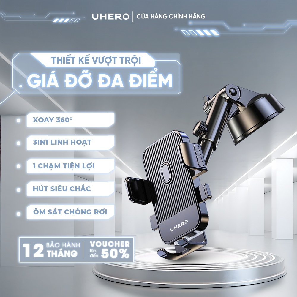 Giá đỡ điện thoại ô tô UHERO Superior gắn taplo,kính chắn nắng, cửa gió điều hòa xoay 360 độ nhỏ gọn