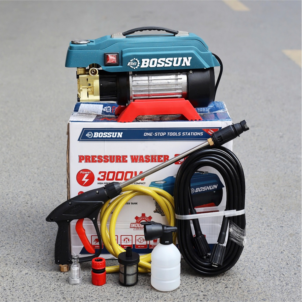 Máy rửa xe áp lực nước BOSSUN BS-PW3000W, Công suất 3000W, Dây Đồng 100% kèm dây xịt 12M