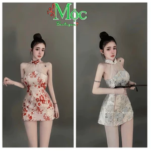 AXT_ Đầm váy ngắn, đầm Tết form mini body cố yếm phối cổ Gấm hoa nổi có mút dây kéo & quần rời