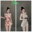 AXT_ Đầm váy ngắn, đầm Tết form mini body cố yếm phối cổ Gấm hoa nổi có mút dây kéo & quần rời