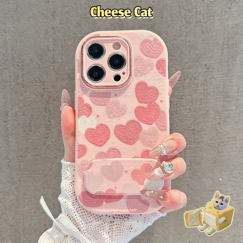 Ốp lưng iphone màu hồng tình yêu đơn giản có đế gương cho iPhone 11 12 13 14 15 16 17 Pro Max Plus 17 Air 7P Xs Max XR