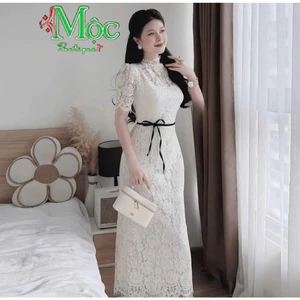 Đầm váy dài, đầm công sở dự tiệc thanh lịch thiết kế dáng dài cổ cao Ren hoa xịn kèm dây cột eo