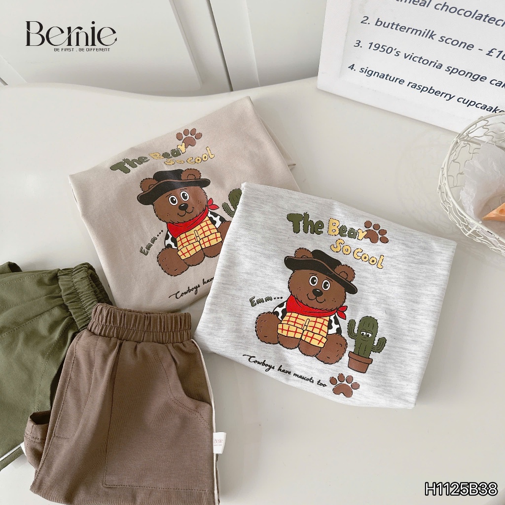 Bộ cotton gấu cao bồi cá tính, set áo thun quần cotton mềm mát cho bé