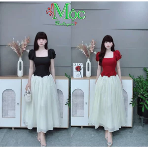 DX_ Đầm váy dài, đầm dự tiệc sang xịn Ruby cổ vuông tay búp phồng đính hoa dáng dài Tùng Tơ xoè đẹp