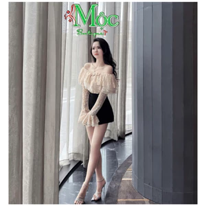 AXT_ Set bộ đùi, set đi tiệc, Set áo Ren hoa phối Lưới trễ vai tầng tay loe dài đính nơ quần short