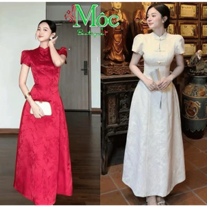 QC_ Đầm váy dài, đầm Tết Trung Hoa thời trang, Đầm dài Gấm Tafta hoa nổi cổ tàu đính nút sang trọng