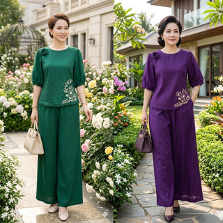 Bộ Đũi Trung Niên Nữ Cao Cấp Set Áo Tay Lỡ + Quần Suông Dài, Chất Đũi Mát Mặc Hè Mềm Mịn Thoải Mái - Anh Thư Shop (AT43)