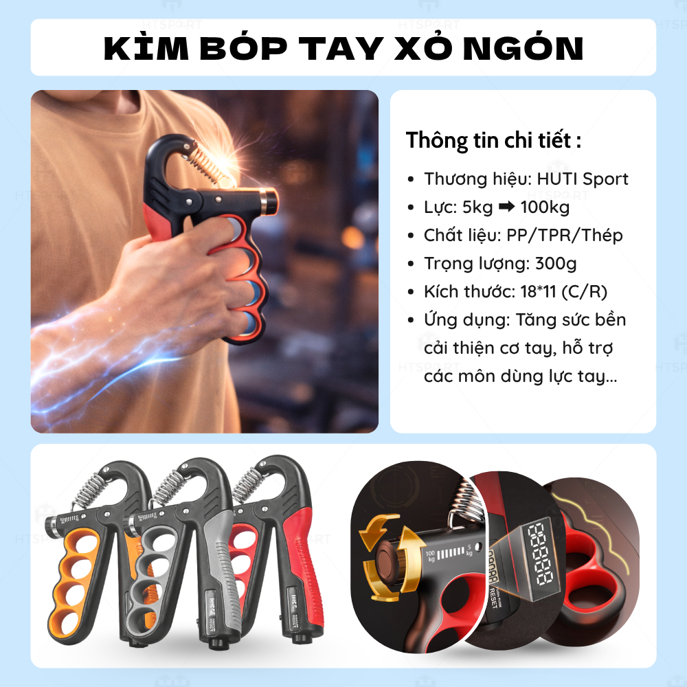 Kìm Bóp Tay 100KG  4 Lỗ, Dụng Cụ Tập Cơ Tay Điều Chỉnh Lực 5 - 100kg Có Bộ Đếm Số Cơ, Đếm Số Điện Tử