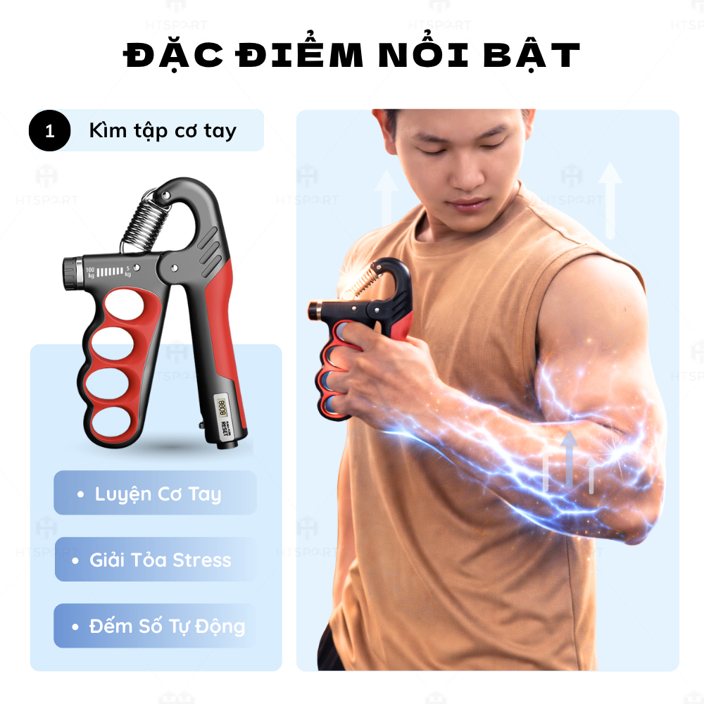 Kìm Bóp Tay 100KG  4 Lỗ, Dụng Cụ Tập Cơ Tay Điều Chỉnh Lực 5 - 100kg Có Bộ Đếm Số Cơ, Đếm Số Điện Tử