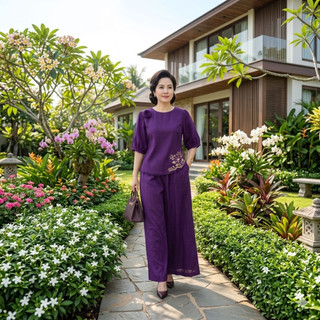 Bộ Đũi Trung Niên Nữ Cao Cấp Set Áo Tay Lỡ + Quần Suông Dài, Chất Đũi Mát Mặc Hè Mềm Mịn Thoải Mái - Anh Thư Shop (AT43)