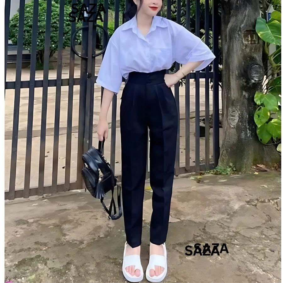 Quần tây nữ đi học 2 nút khuy cúc dọc cài lưng cao dáng quần baggy vải nữ học sinh cấp 3 dày co giãn nhẹ đi học đi làm