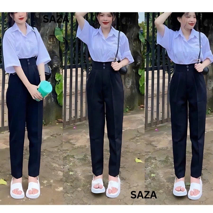 Quần tây nữ đi học 2 nút khuy cúc dọc cài lưng cao dáng quần baggy vải nữ học sinh cấp 3 dày co giãn nhẹ đi học đi làm