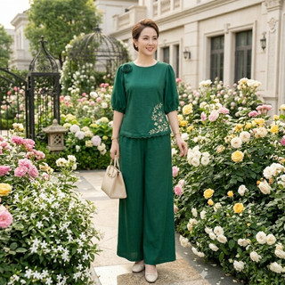 Bộ Đũi Trung Niên Nữ Cao Cấp Set Áo Tay Lỡ + Quần Suông Dài, Chất Đũi Mát Mặc Hè Mềm Mịn Thoải Mái - Anh Thư Shop (AT43)