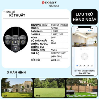 Camera 4G Ngoài Trời DOBEST SC29G 3 Mắt 3 Khung Hình Xoay 360 IP67 Dùng Sim 4G