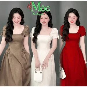 Đầm váy dài, đầm công sở dự tiệc thiết kế dáng dài Xước hoa nổi dập cổ vuông tay búp đính hoa