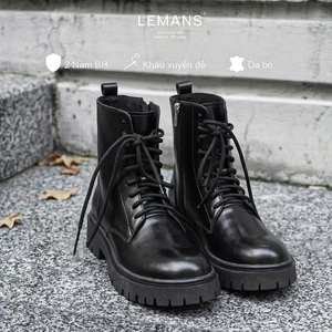 Giày Chunky Combat Boots nam LEMANS màu Đen - Da bò - Đế cao su thơm 5cm, Bảo hành 24 tháng