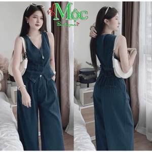 Set công sở, set nữ áo gile không tay form gọn kèm quần suông ống rộng cột eo sau tôn dáng
