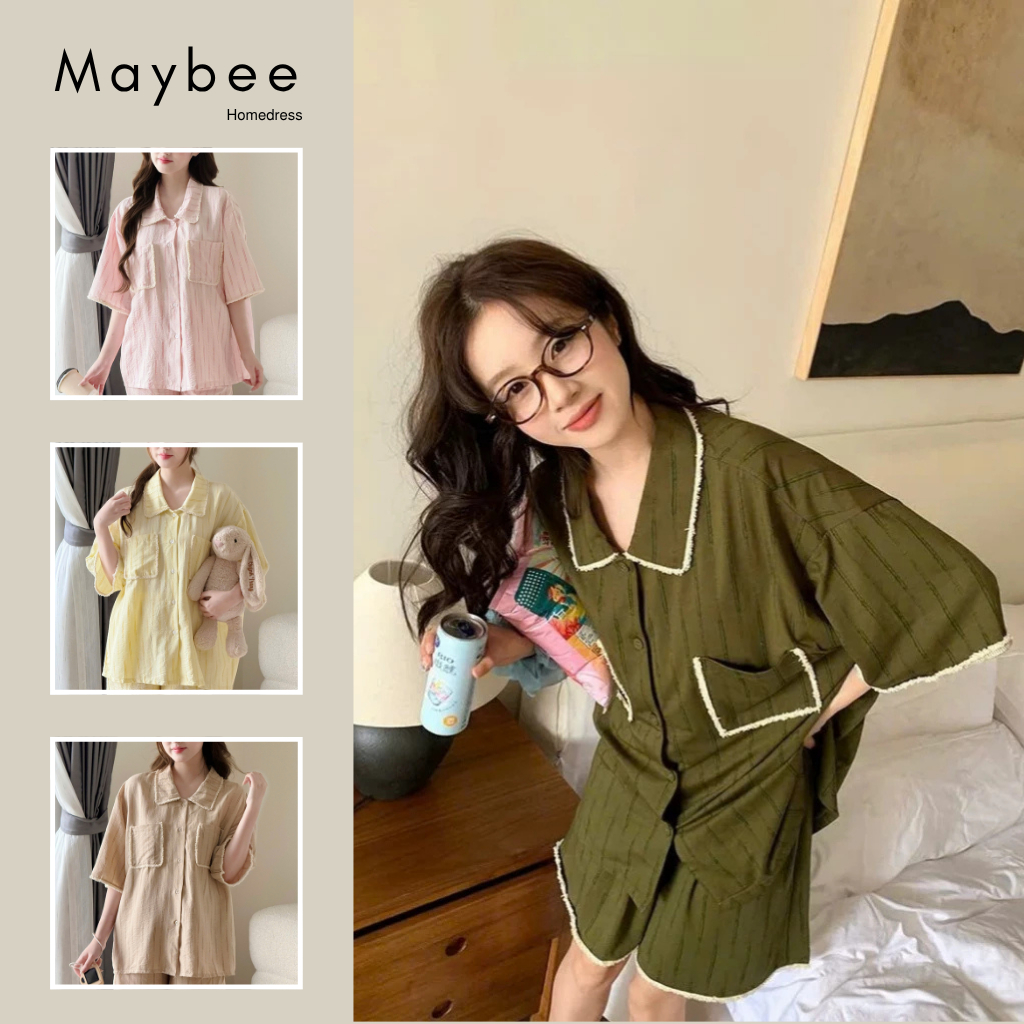 MB-SET-024 Set đồ ngủ ngắn tay kẻ loang dáng rộng phối ren gấu Maybee ...