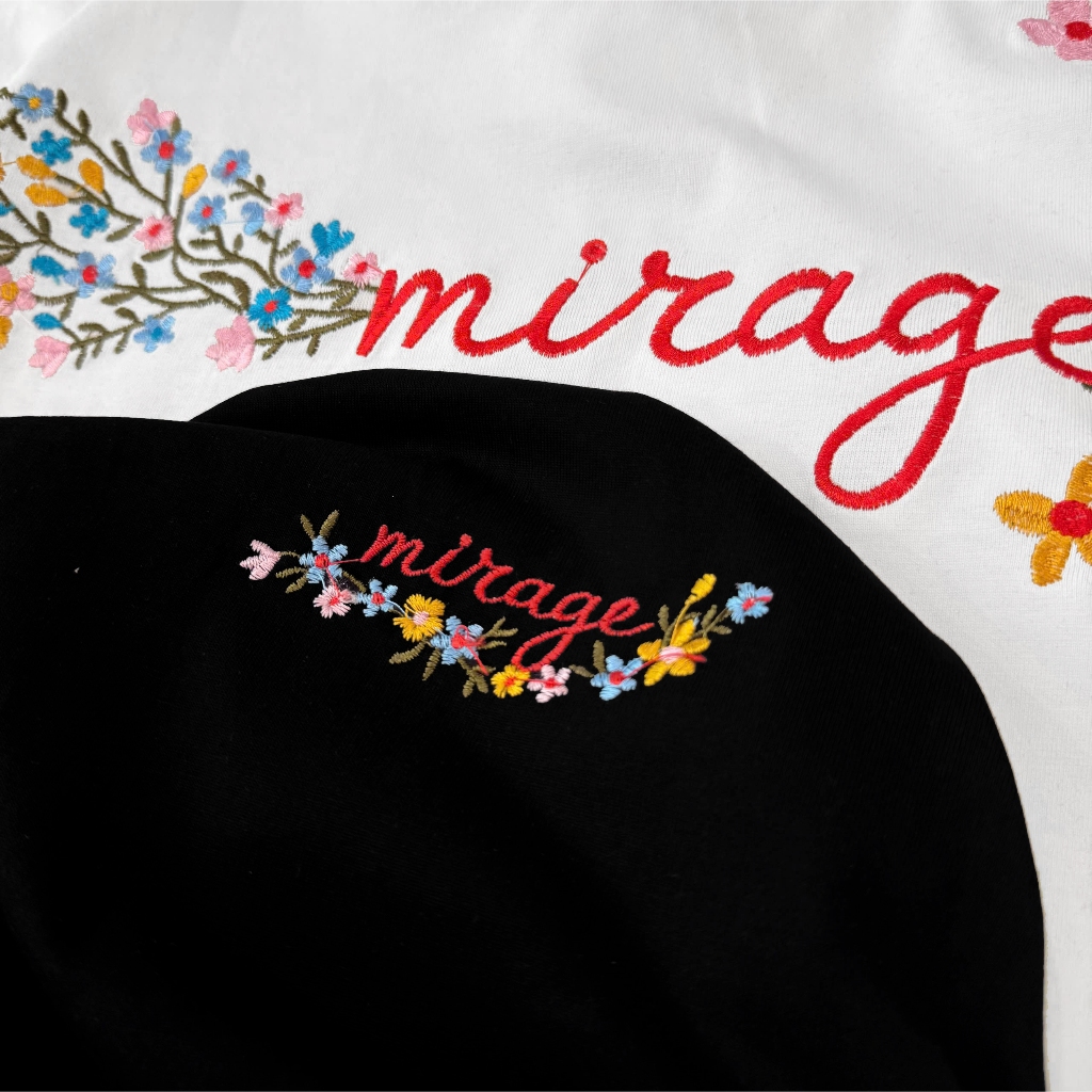 Áo Thun Mirage Thêu Chữ Hoa Màu Trắng Nghệ Thuật, Chất 100% Cotton Mềm Mịn Thoáng Mát.