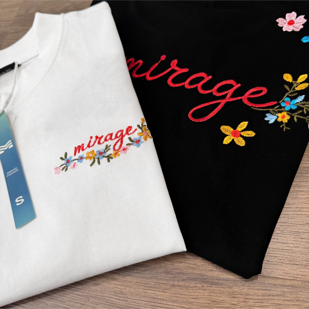 Áo Thun Mirage Thêu Chữ Hoa Màu Trắng Nghệ Thuật, Chất 100% Cotton Mềm Mịn Thoáng Mát.