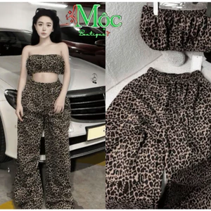 MK_Set bộ mặc nhà, set cá tính, chất Mango da báo áo quây cúp ngực có mút phối quần suông dài rộng
