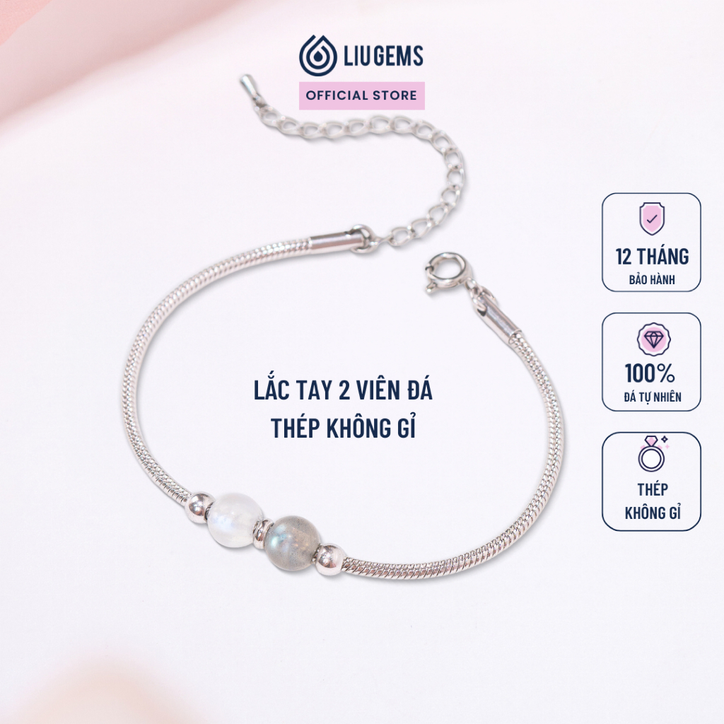 Vòng Tay Thép Không Gỉ 2 Viên Đá Tự Nhiên Liugems Cho Nam Nữ Ý Nghĩa Tích Cực May Mắn VT07