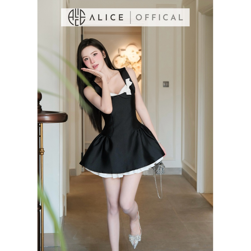 Váy Nữ Tiểu Thư Alice Dáng Ngắn Xòe, Đầm Hai Dây Cổ Vuông Phối Nơ Trắng Nữ Tính T477