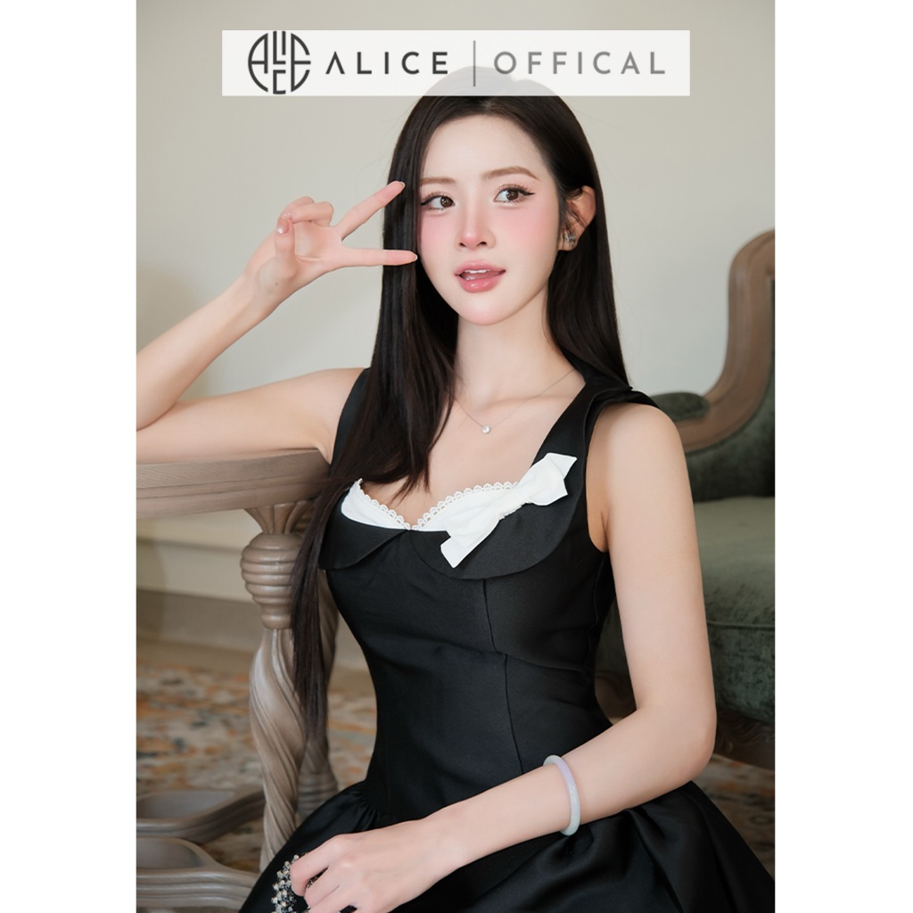Váy Nữ Tiểu Thư Alice Dáng Ngắn Xòe, Đầm Hai Dây Cổ Vuông Phối Nơ Trắng Nữ Tính T477