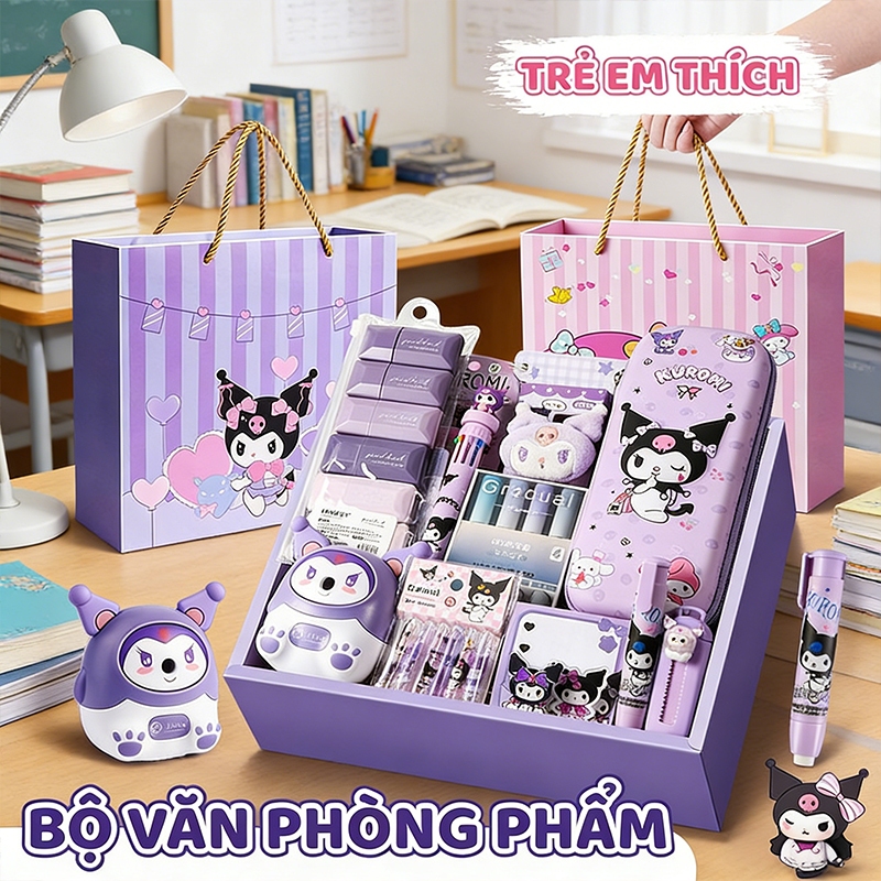 Bộ quà tặng dụng cụ học tập, bao gồm nhiều loại đồ dùng văn phòng và quà tặng cho ngày lễ thiếu nhi