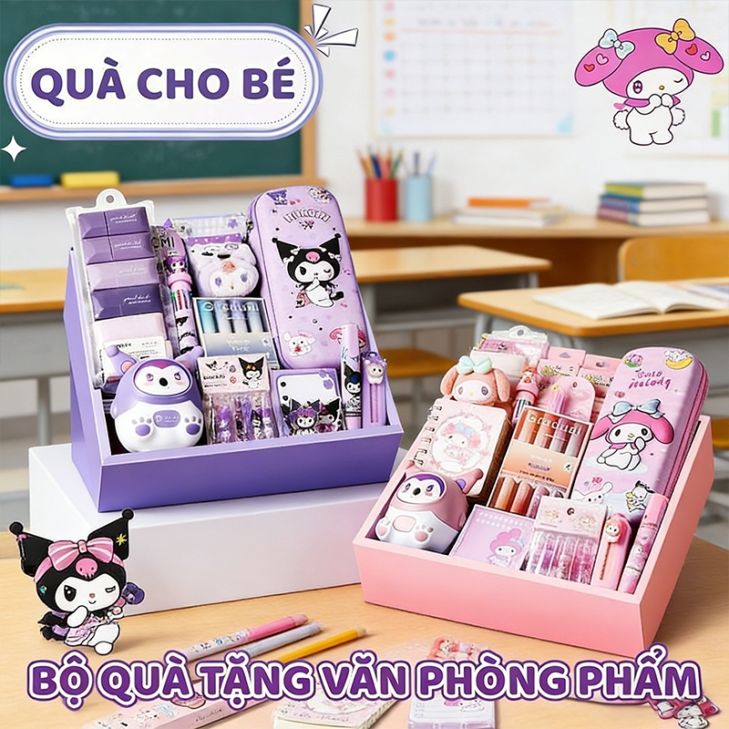 Bộ quà tặng dụng cụ học tập, bao gồm nhiều loại đồ dùng văn phòng và quà tặng cho ngày lễ thiếu nhi