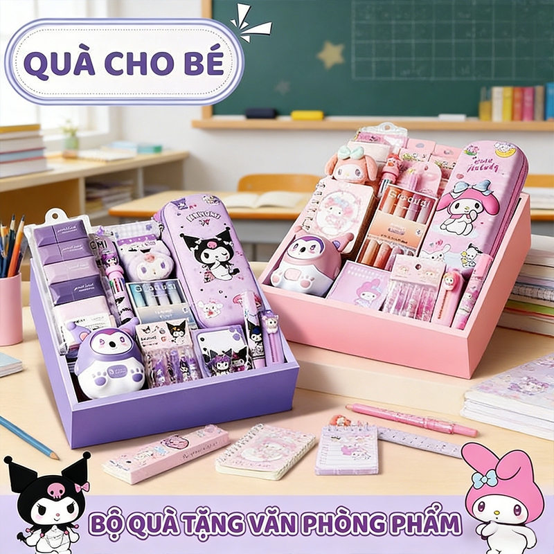 Bộ quà tặng dụng cụ học tập, bao gồm nhiều loại đồ dùng văn phòng và quà tặng cho ngày lễ thiếu nhi