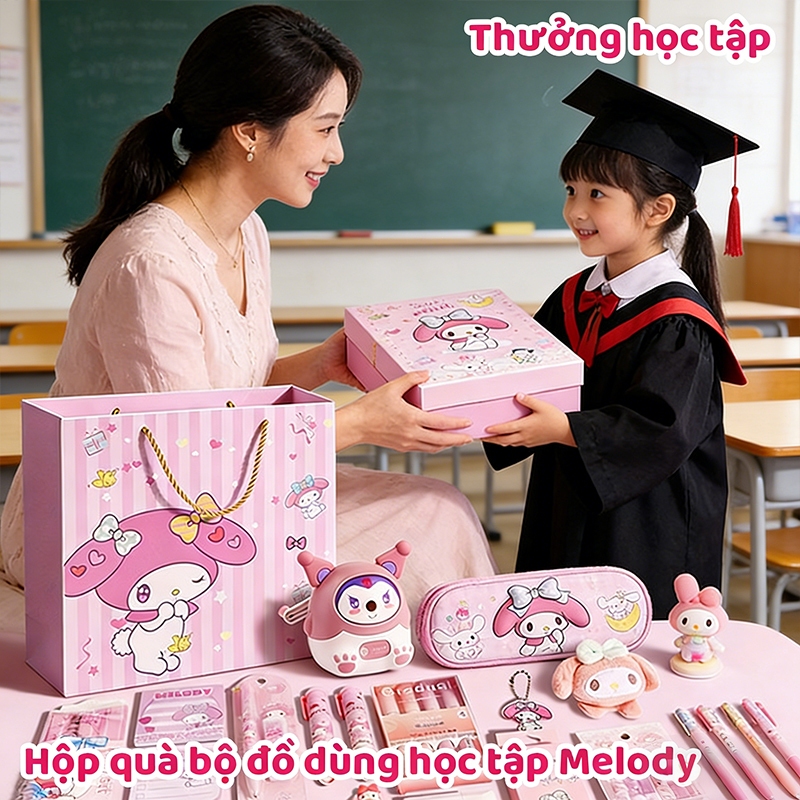 Bộ quà tặng dụng cụ học tập, bao gồm nhiều loại đồ dùng văn phòng và quà tặng cho ngày lễ thiếu nhi
