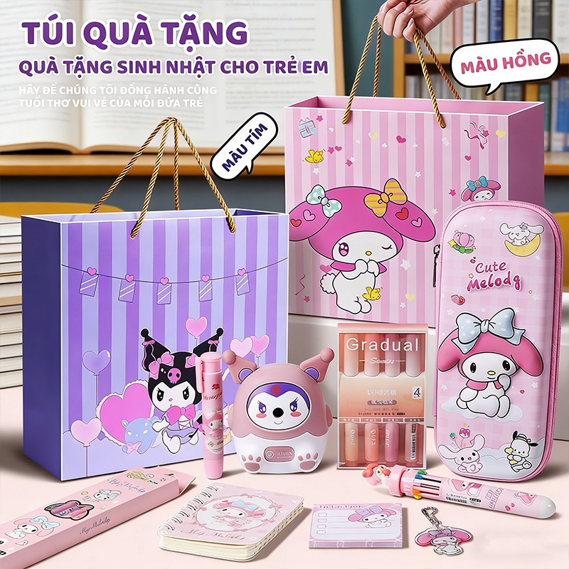 Bộ quà tặng dụng cụ học tập, bao gồm nhiều loại đồ dùng văn phòng và quà tặng cho ngày lễ thiếu nhi