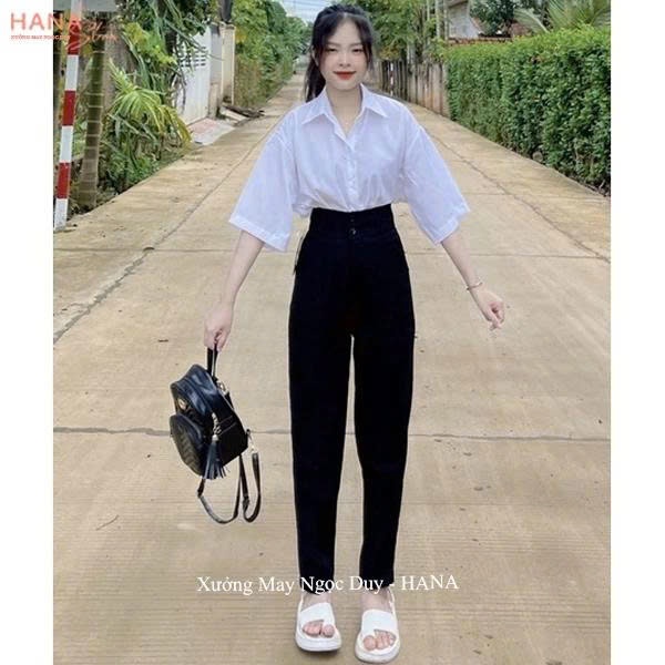 Quần Tây Baggy Nữ Cạp Cao 2Khuy Đi Học đi làm Có Đai Lưng Cao Màu Đen màu xanh than Dáng Dài