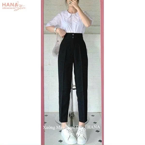 Quần Tây Baggy Nữ Cạp Cao 2Khuy Đi Học đi làm Có Đai Lưng Cao Màu Đen màu xanh than Dáng Dài