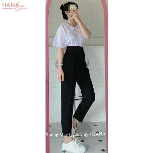 Quần Tây Baggy Nữ Cạp Cao 2Khuy Đi Học đi làm Có Đai Lưng Cao Màu Đen màu xanh than Dáng Dài