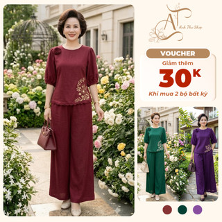 Bộ Đũi Trung Niên Nữ Cao Cấp Set Áo Tay Lỡ + Quần Suông Dài, Chất Đũi Mát Mặc Hè Mềm Mịn Thoải Mái - Anh Thư Shop (AT43)