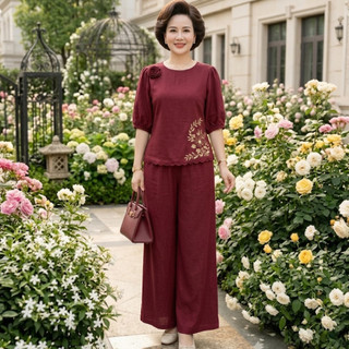 Bộ Đũi Trung Niên Nữ Cao Cấp Set Áo Tay Lỡ + Quần Suông Dài, Chất Đũi Mát Mặc Hè Mềm Mịn Thoải Mái - Anh Thư Shop (AT43)