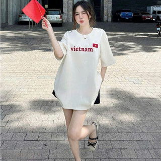 Áo phông thêu chữ Việt Nam cờ đỏ sao vàng dáng thụng giấu quần trẻ trung siêu xinh
