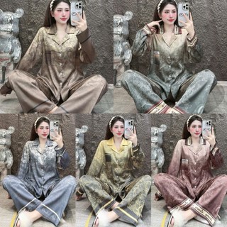 Đồ Bộ Pijama Lụa Latin Tơ Tằm Mềm Rũ,Họa Tiết   Cảnh Rừng Vàng ,Đỏ Hồng,Quần Dài Tay Áo Dài  Dành Cho Nữ 45-60kg