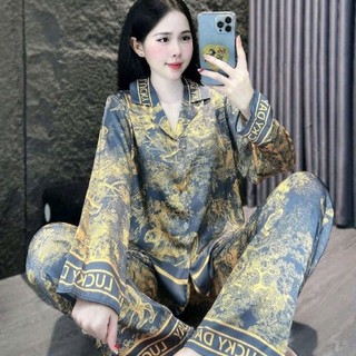 Đồ Bộ Pijama Lụa Latin Tơ Tằm Mềm Rũ,Họa Tiết   Cảnh Rừng Vàng ,Đỏ Hồng,Quần Dài Tay Áo Dài  Dành Cho Nữ 45-60kg