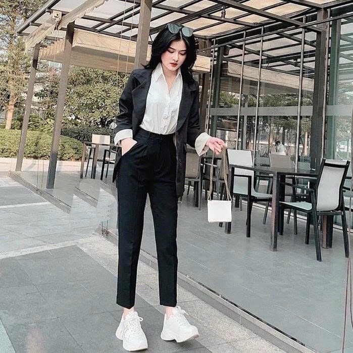 Quần tây nữ đi học lưng cao phối 2 khuy cài kiểu dọc dáng Quần vải nữ cạp cao mặc làm công sở vải dày trơn mềm
