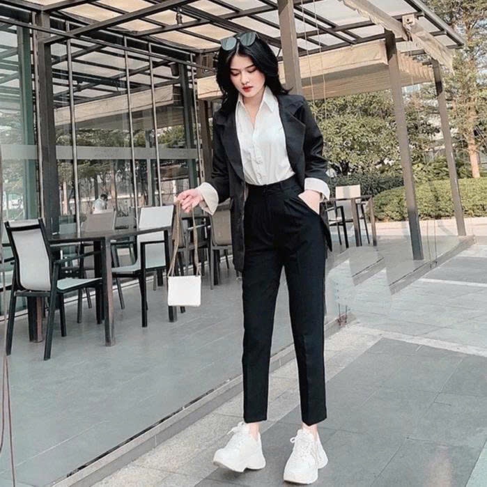 Quần tây nữ đi học lưng cao phối 2 khuy cài kiểu dọc dáng Quần vải nữ cạp cao mặc làm công sở vải dày trơn mềm