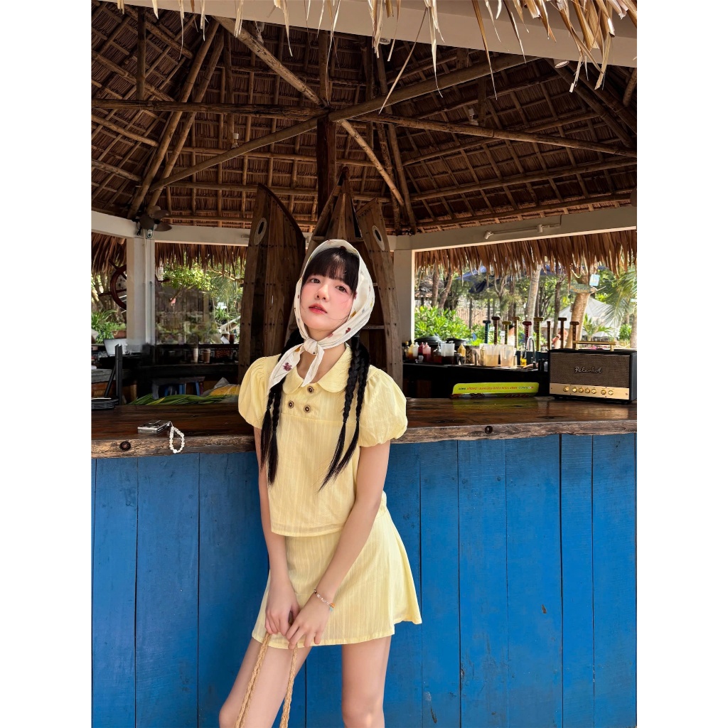 Set Nữ KISIG Áo Croptop Cổ Sen Phối Chân Váy A Lưng Trễ Màu Pastel Mùa Hè SECODEE