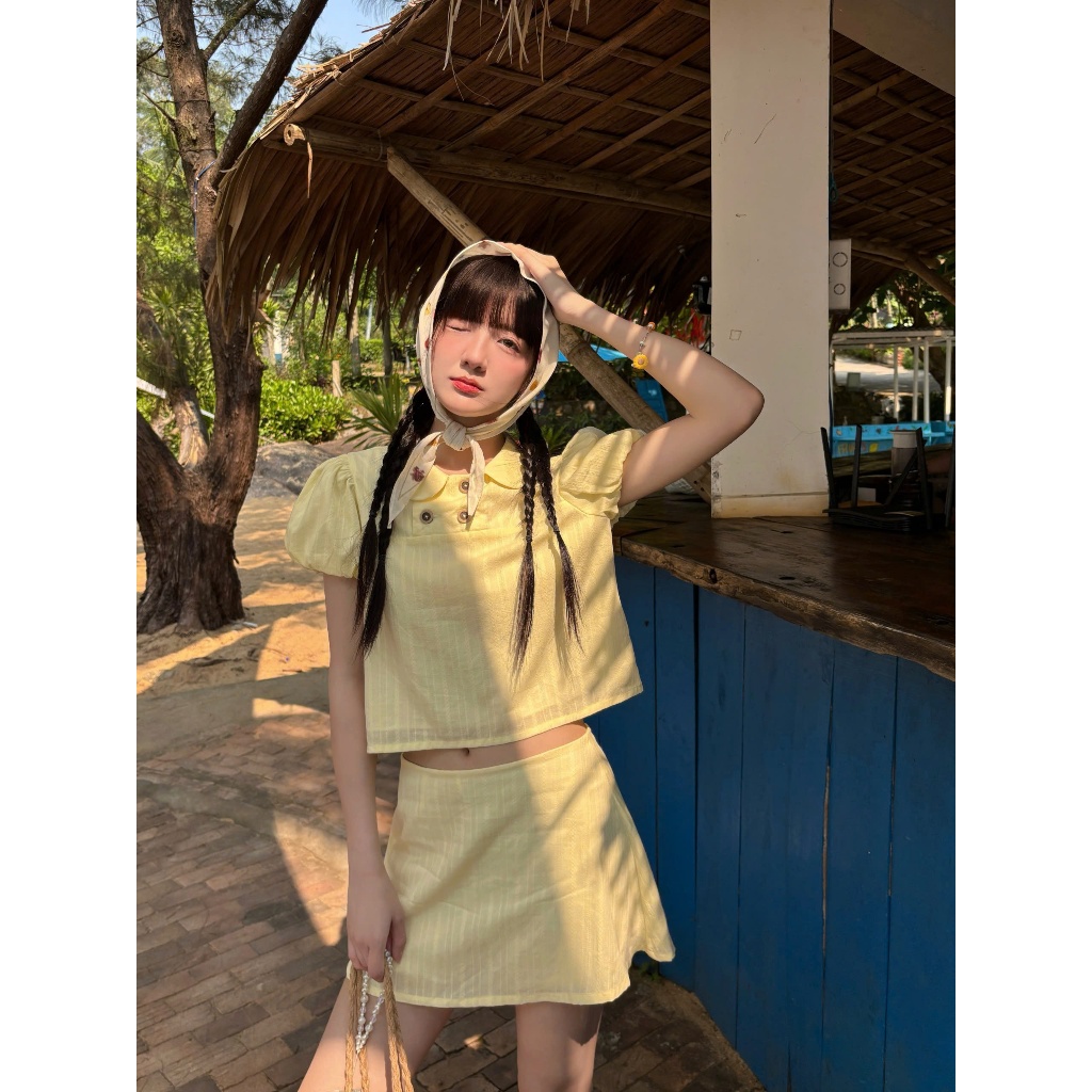 Set Nữ KISIG Áo Croptop Cổ Sen Phối Chân Váy A Lưng Trễ Màu Pastel Mùa Hè SECODEE