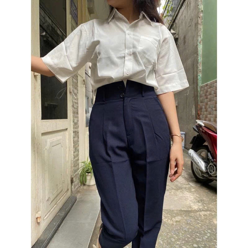 Quần tây baggy đi học nữ 2 khuy cạp lưng cao có đai nịt màu Đen và Xanh than dáng quần vải học sinh nữ dày đi học đẹp