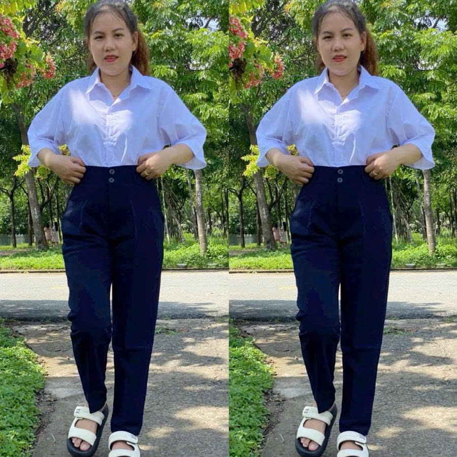Quần tây baggy đi học nữ 2 khuy cạp lưng cao có đai nịt màu Đen và Xanh than dáng quần vải học sinh nữ dày đi học đẹp
