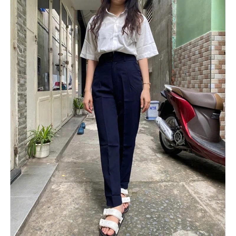 Quần tây baggy đi học nữ 2 khuy cạp lưng cao có đai nịt màu Đen và Xanh than dáng quần vải học sinh nữ dày đi học đẹp
